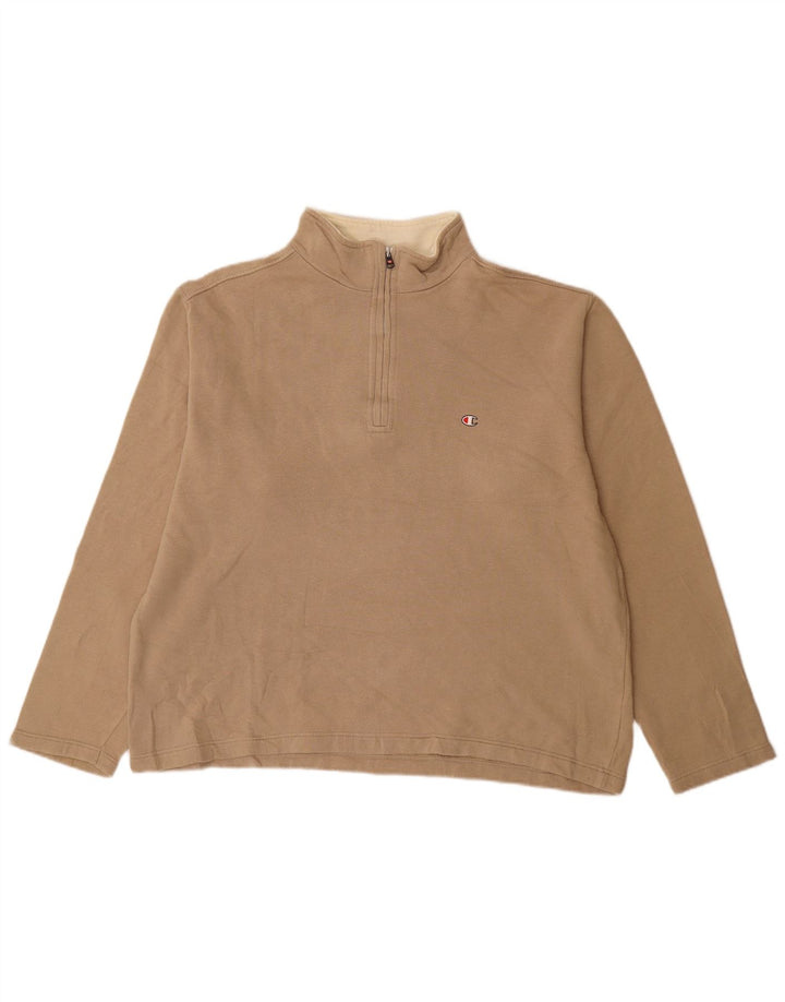 Champion Mens Zip Neck Sweatshirt Jumper Large Beige Cotton