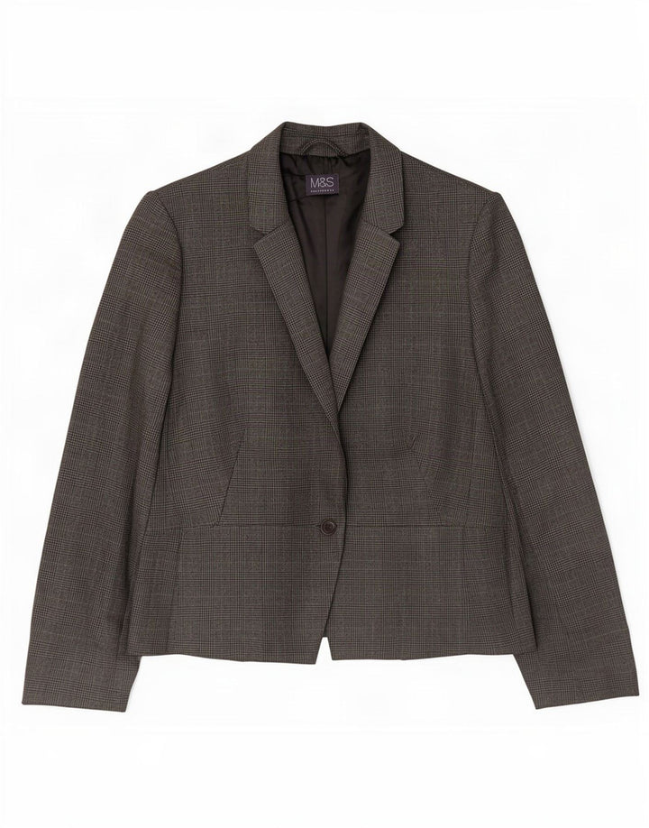 Marks & Spencer Womens 1 Button Blazer Jacket UK 18 XL Grey Check Polyester