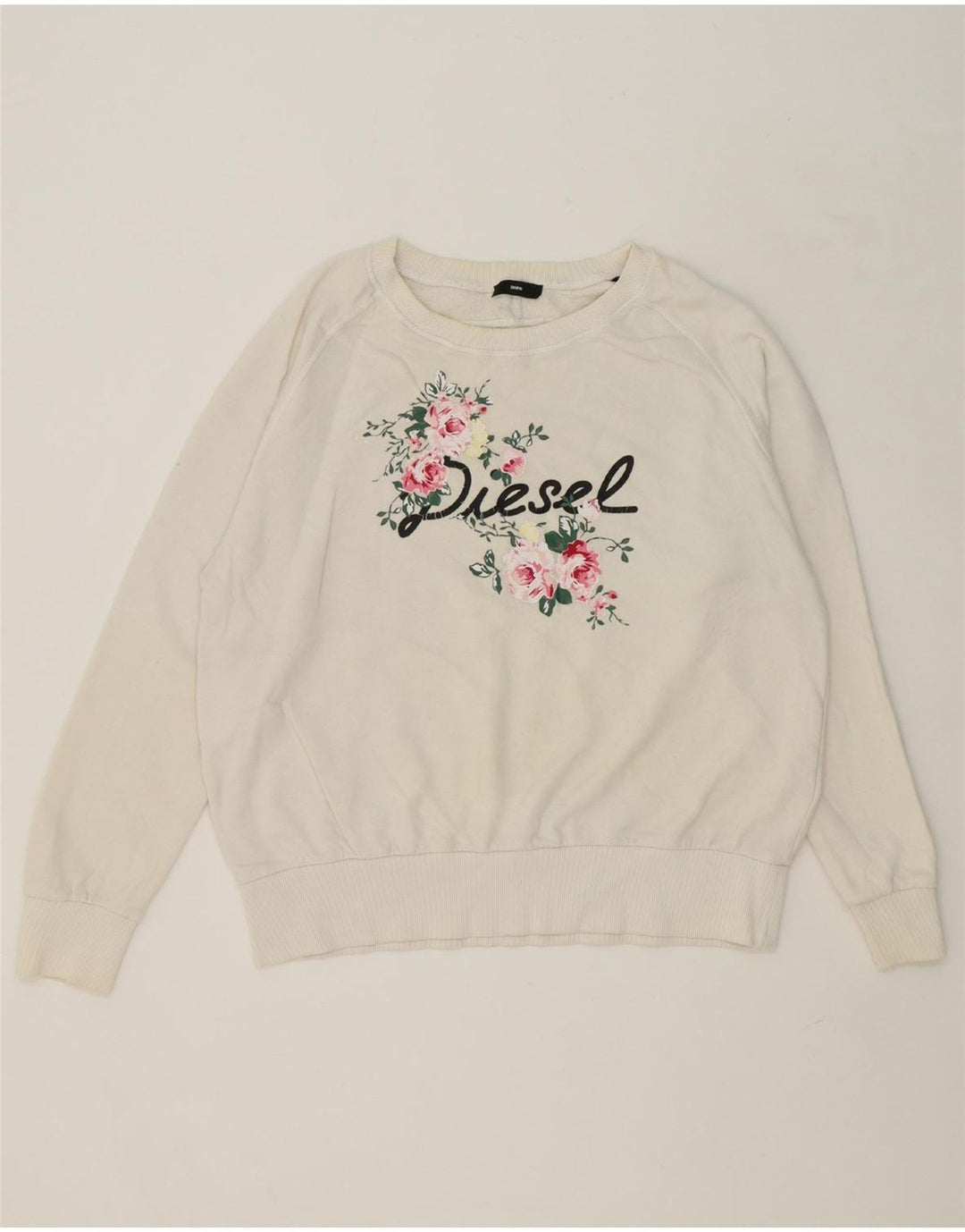 DIESEL Womens Graphic Sweatshirt Jumper UK 14 Medium White Floral Vintage Diesel and Second-Hand Diesel from Messina Hembry 