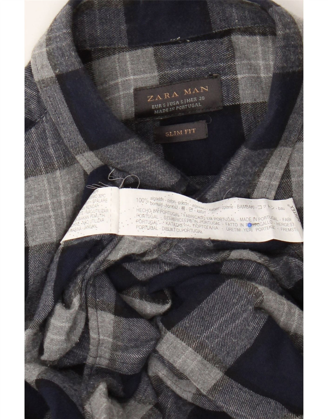 Zara Mens Slim Fit Flannel Shirt Small Navy Blue Check Cotton