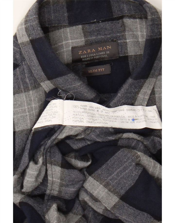 Zara Mens Slim Fit Flannel Shirt Small Navy Blue Check Cotton