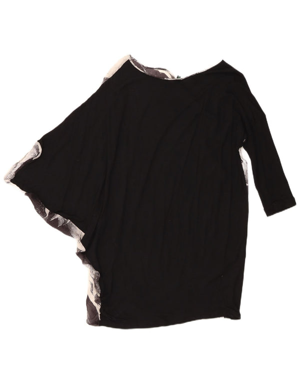 Benetton Womens Batwing One Shoulder Top UK 10 Small Black Floral Silk