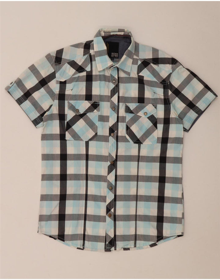 Jack & Jones Mens Short Sleeve Shirt Medium Turquoise Check Cotton