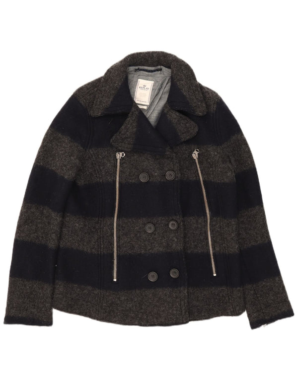 Replay Womens Pea Coat UK 18 XL Grey Striped Wool