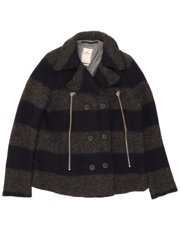 Replay Womens Pea Coat UK 18 XL Grey Striped Wool