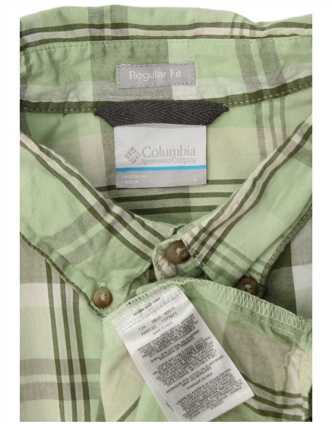 Columbia Mens Short Sleeve Regular Fit Shirt Large Green Check Cotton