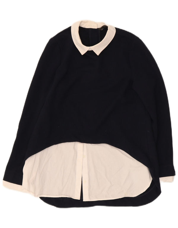 Zara Womens Long Sleeve Blouse Top UK 10 Small Navy Blue Colourblock
