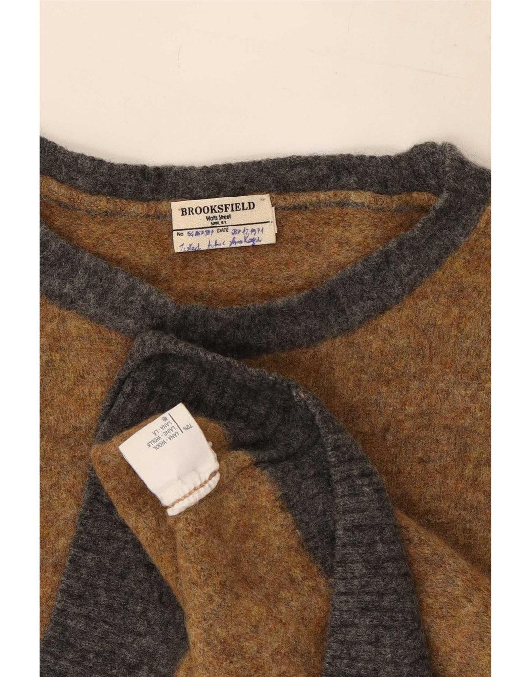 Brooksfield Mens Crew Neck Jumper Sweater Medium Brown Colourblock Wool