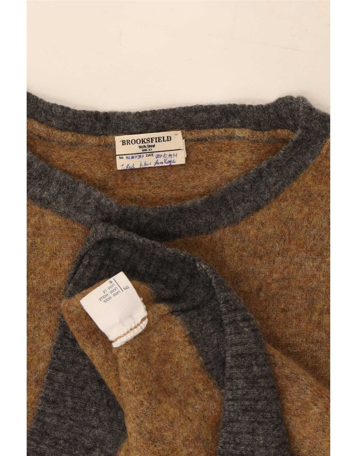 Brooksfield Mens Crew Neck Jumper Sweater Medium Brown Colourblock Wool
