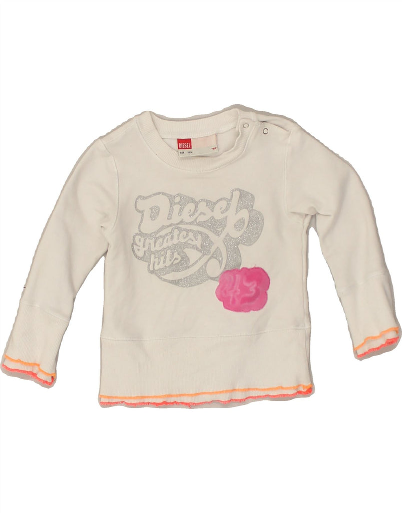 DIESEL Baby Girls Graphic Sweatshirt Jumper 12-18 Months White Cotton | Vintage Diesel | Thrift | Second-Hand Diesel | Used Clothing | Messina Hembry 