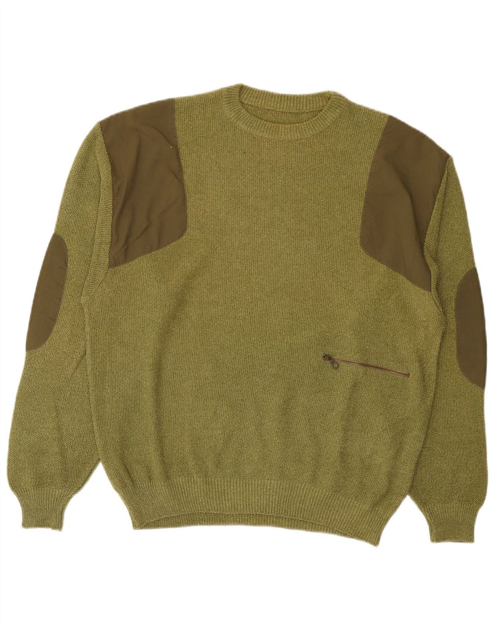 Vintage Mens Crew Neck Jumper Sweater Medium Khaki Colourblock Cotton
