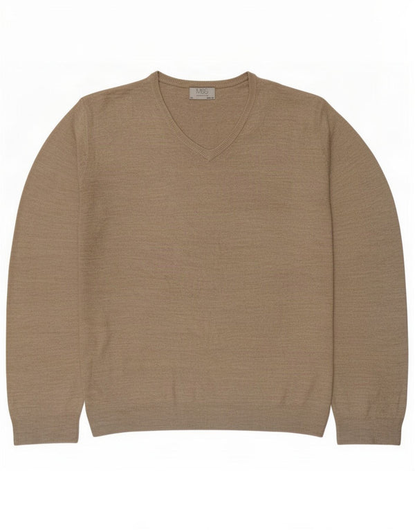Marks & Spencer Mens Regular Fit V-Neck Jumper Sweater 2XL Khaki Acrylic