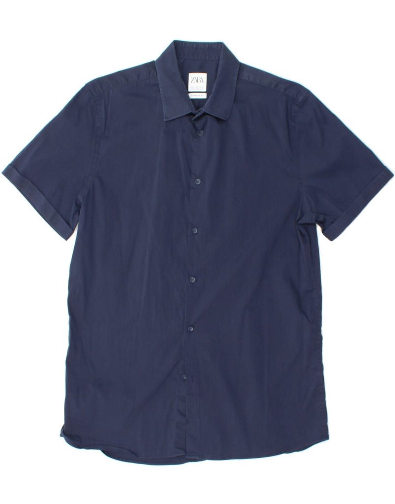 ZARA Mens Slim Fit Short Sleeve Shirt Large Navy Blue Cotton Vintage Zara and Second-Hand Zara from Messina Hembry 