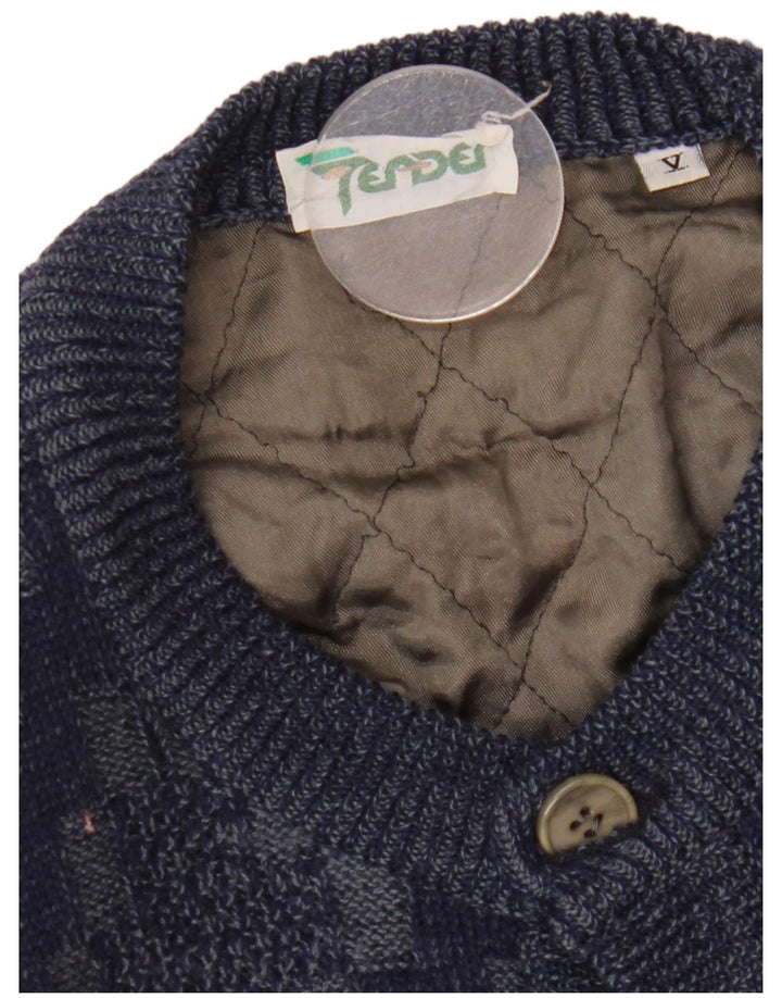VINTAGE Mens Cardigan Sweater Large Navy Blue Geometric Viscose