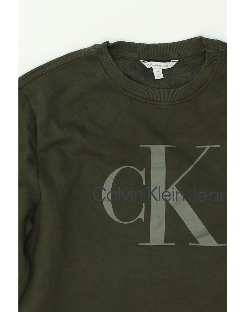 CALVIN KLEIN Mens Graphic Sweatshirt Jumper Large Khaki Cotton | Vintage Calvin Klein | Thrift | Second-Hand Calvin Klein | Used Clothing | Messina Hembry 