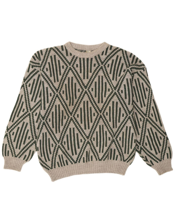 Vintage Mens Crew Neck Jumper Sweater Medium Grey Geometric Acrylic