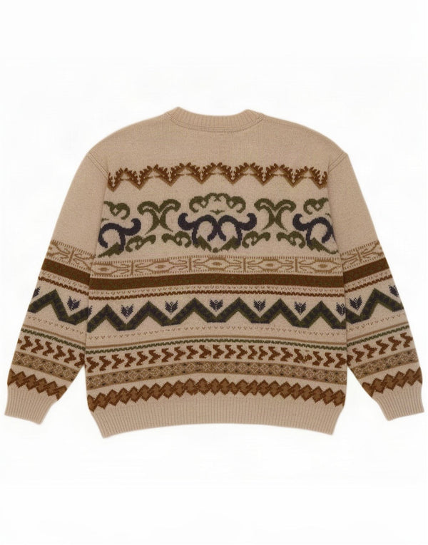 Vintage Mens Boat Neck Jumper Sweater Large Beige Fair Isle Wool