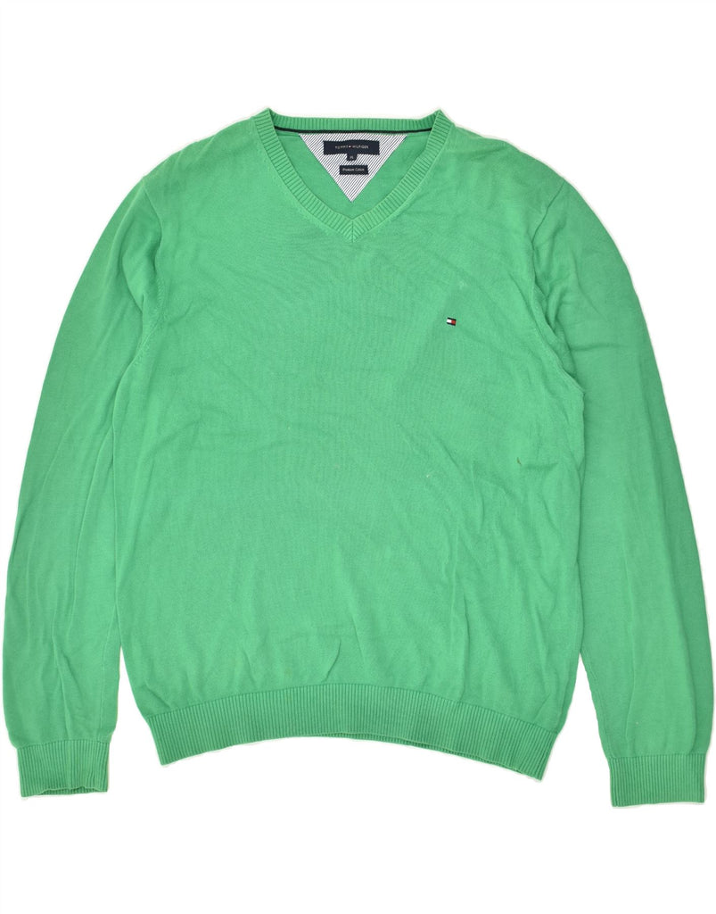 TOMMY HILFIGER Mens V-Neck Jumper Sweater XL Green Cotton | Vintage Tommy Hilfiger | Thrift | Second-Hand Tommy Hilfiger | Used Clothing | Messina Hembry 