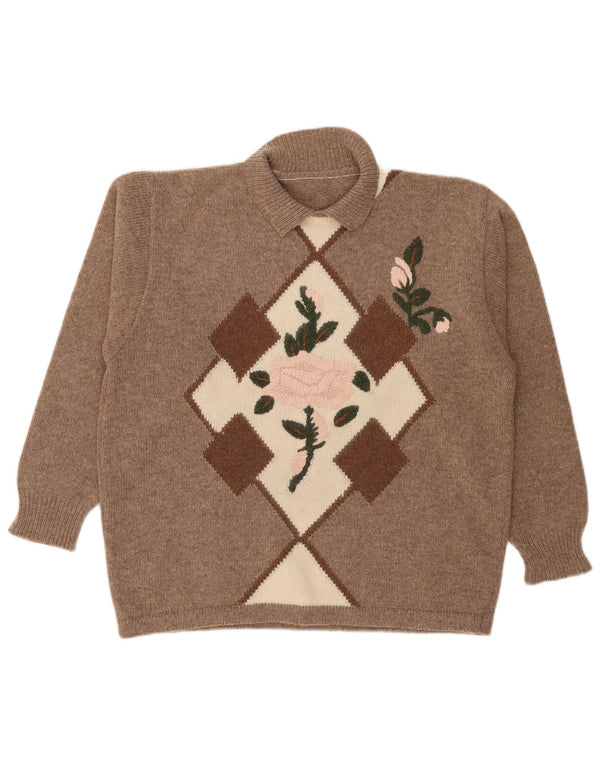 Vintage Womens Graphic Polo Neck Jumper Sweater UK 18 XL Brown Geometric