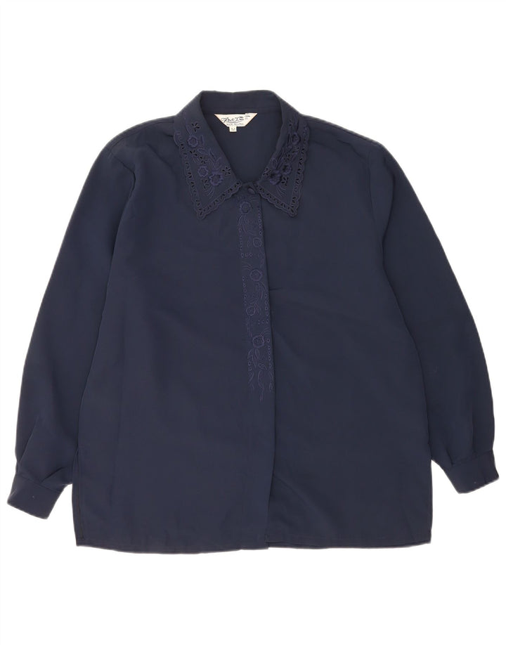 Vintage Womens Shirt Blouse UK 14 Medium Navy Blue Floral