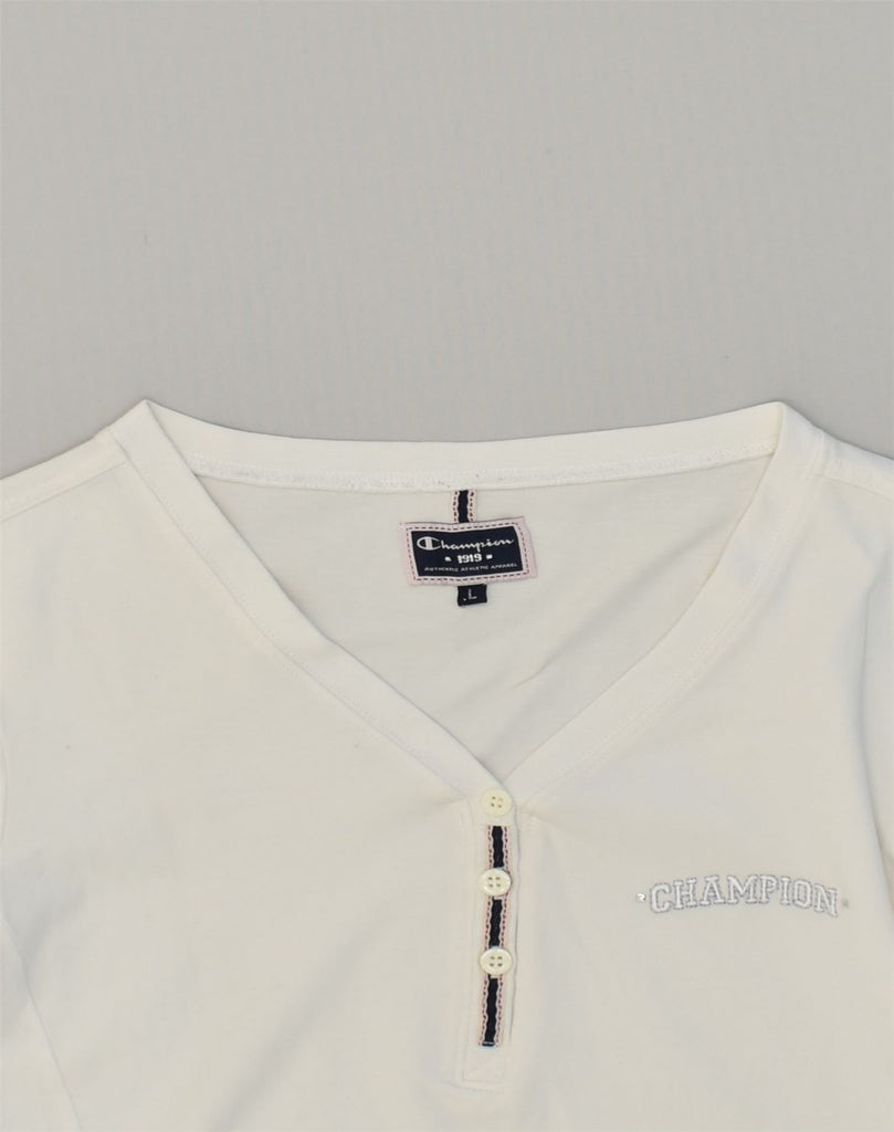 CHAMPION Womens Top Long Sleeve UK 14 Large White Cotton | Vintage Champion | Thrift | Second-Hand Champion | Used Clothing | Messina Hembry 