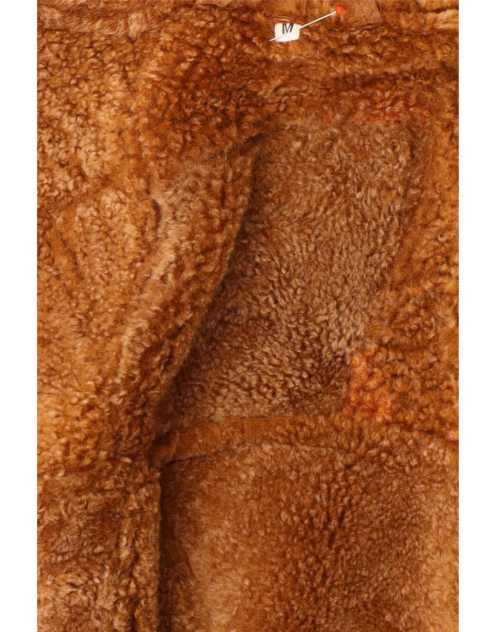 Vintage Womens Shearling Jacket UK 14 Medium Brown Geometric