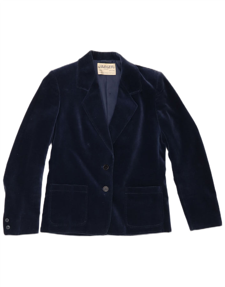 Jaeger Womens 2 Button Velvet Blazer Jacket UK 8 Small Navy Blue Cotton