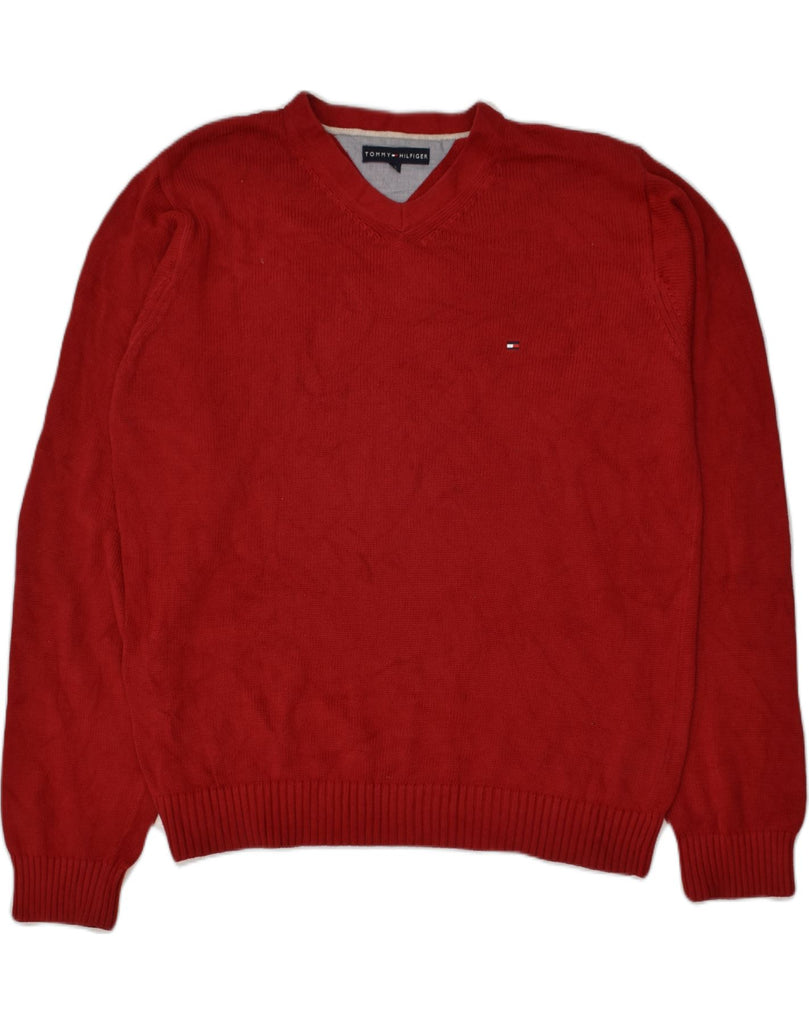 TOMMY HILFIGER Mens V-Neck Jumper Sweater XL Red Cotton | Vintage Tommy Hilfiger | Thrift | Second-Hand Tommy Hilfiger | Used Clothing | Messina Hembry 