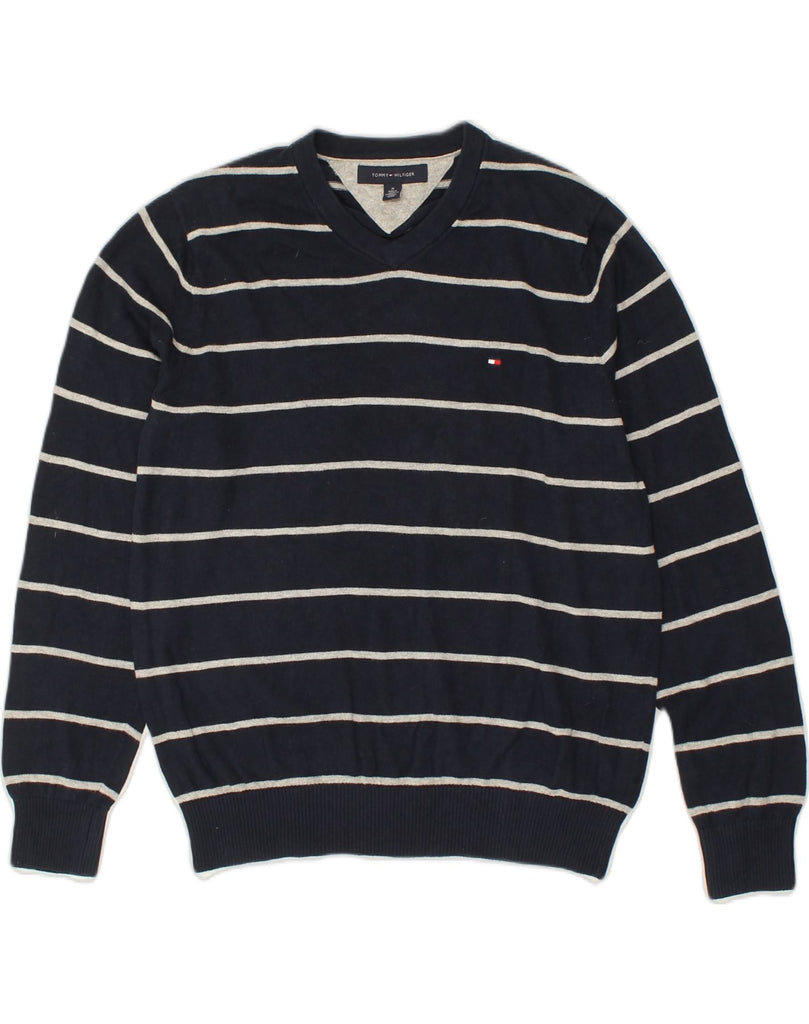 TOMMY HILFIGER Mens V-Neck Jumper Sweater Medium Navy Blue Striped Cotton | Vintage Tommy Hilfiger | Thrift | Second-Hand Tommy Hilfiger | Used Clothing | Messina Hembry 