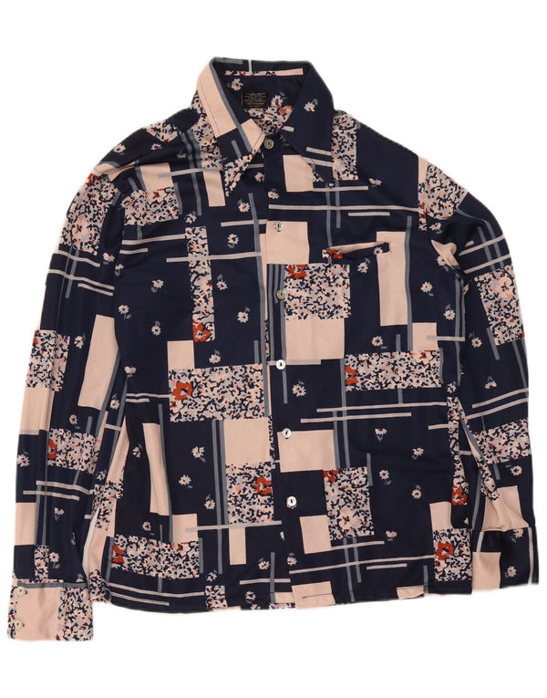 Vintage Womens Shirt Blouse UK 14 Medium Navy Blue Patchwork