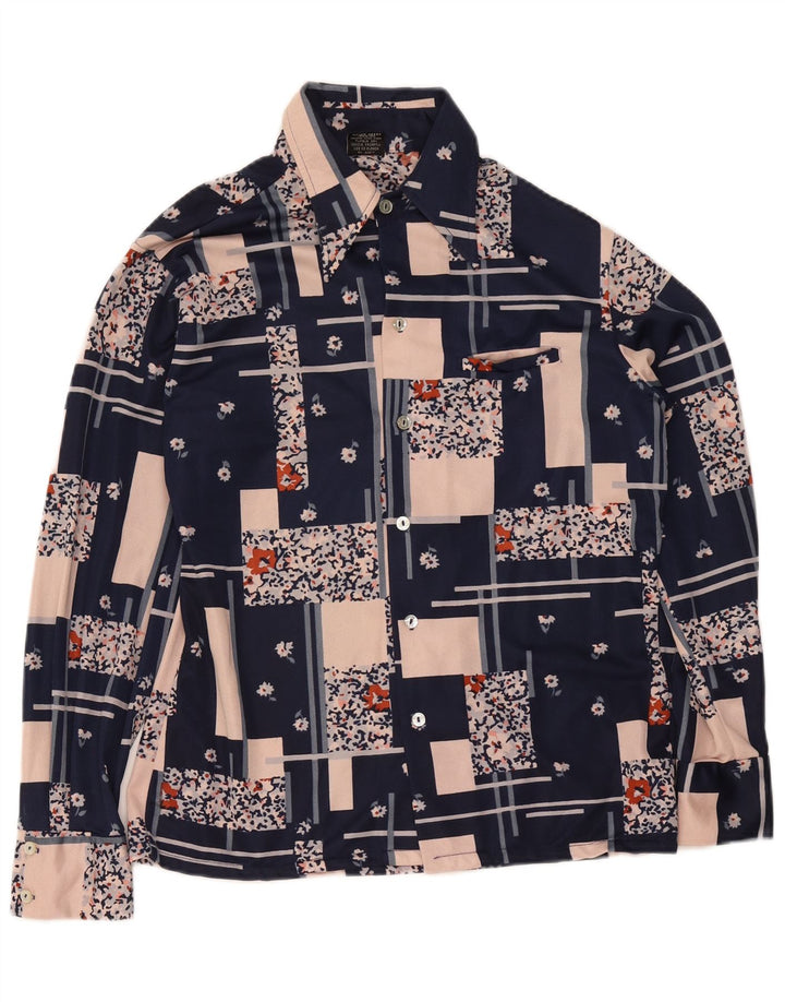 Vintage Womens Shirt Blouse UK 14 Medium Navy Blue Patchwork