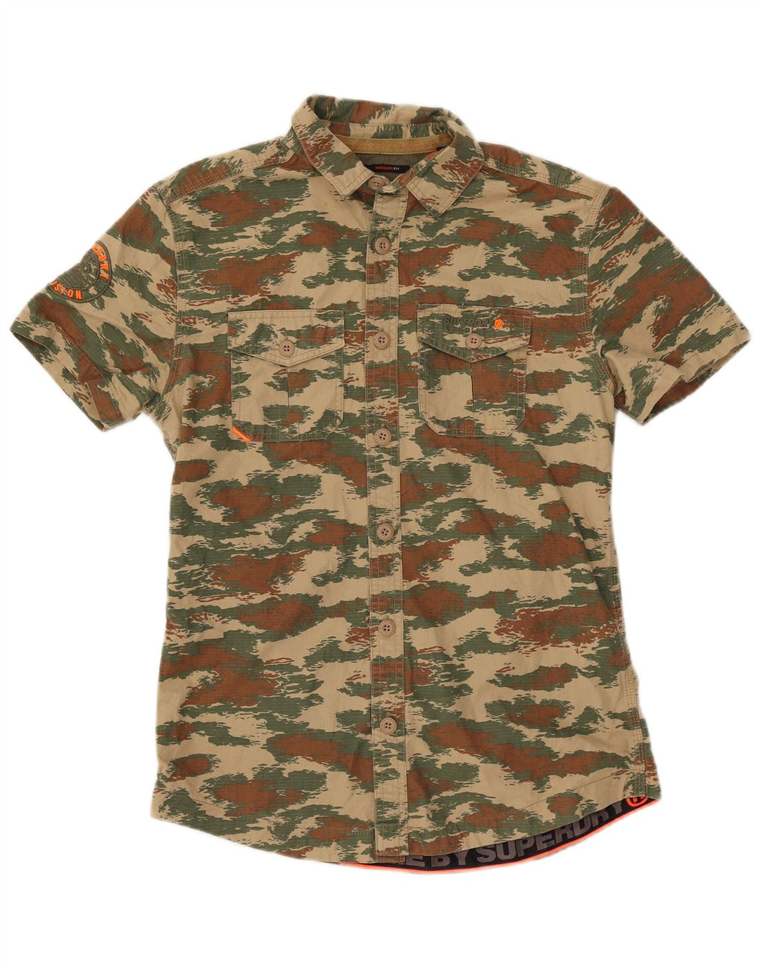 SUPERDRY Mens Short Sleeve Regular Fit Shirt Small Khaki Camouflage Cotton