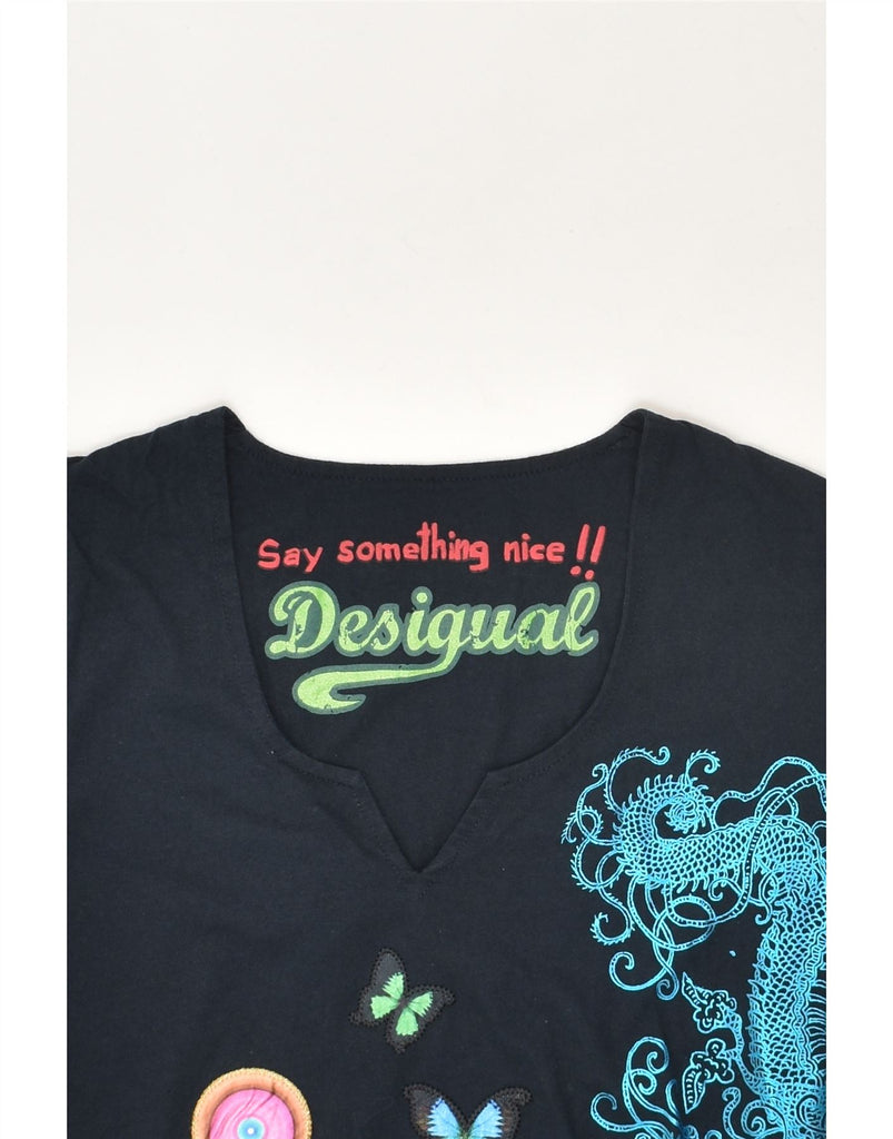 DESIGUAL Womens Short Sleeve Graphic Tunic Top UK 10 Small Navy Blue | Vintage Desigual | Thrift | Second-Hand Desigual | Used Clothing | Messina Hembry 