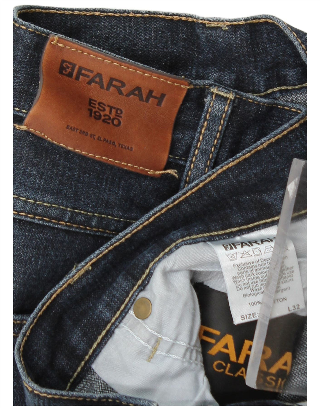 Farah Mens Straight Jeans W36 L32 Navy Blue Cotton