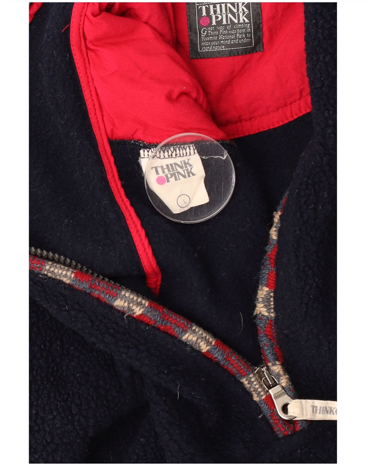 Think Pink Mens Zip Neck Fleece Jumper Large Navy Blue Geometric Polyester