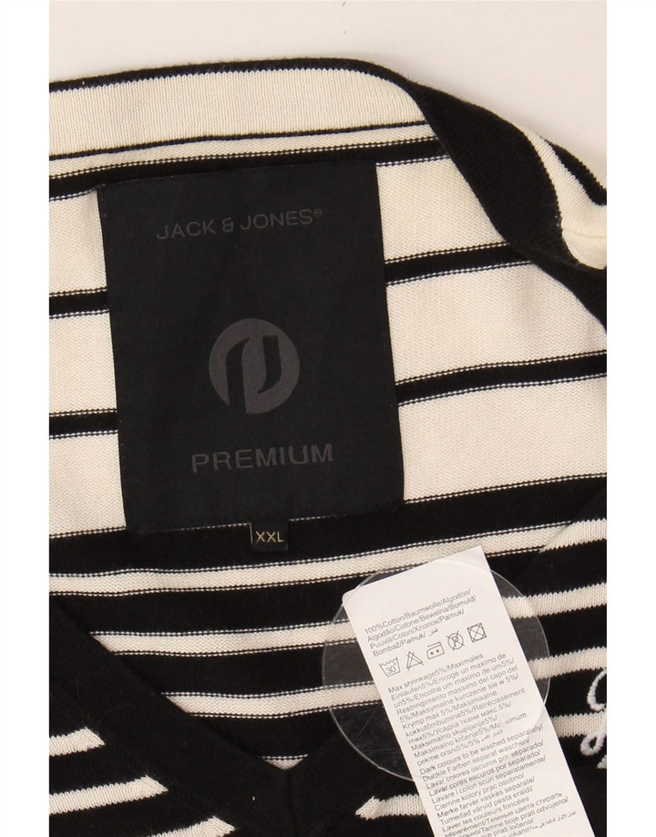 JACK & JONES Mens V-Neck Jumper Sweater 2XL Black Striped Cotton Vintage Jack & Jones and Second-Hand Jack & Jones from Messina Hembry 