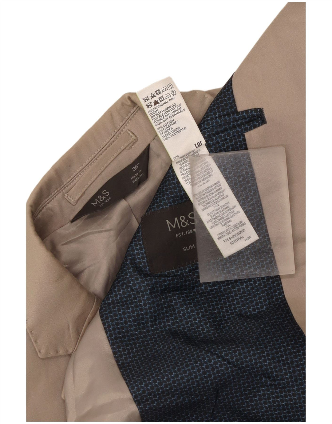 Marks & Spencer Mens 2 Button Slim Fit Blazer Jacket UK 36 Small Beige