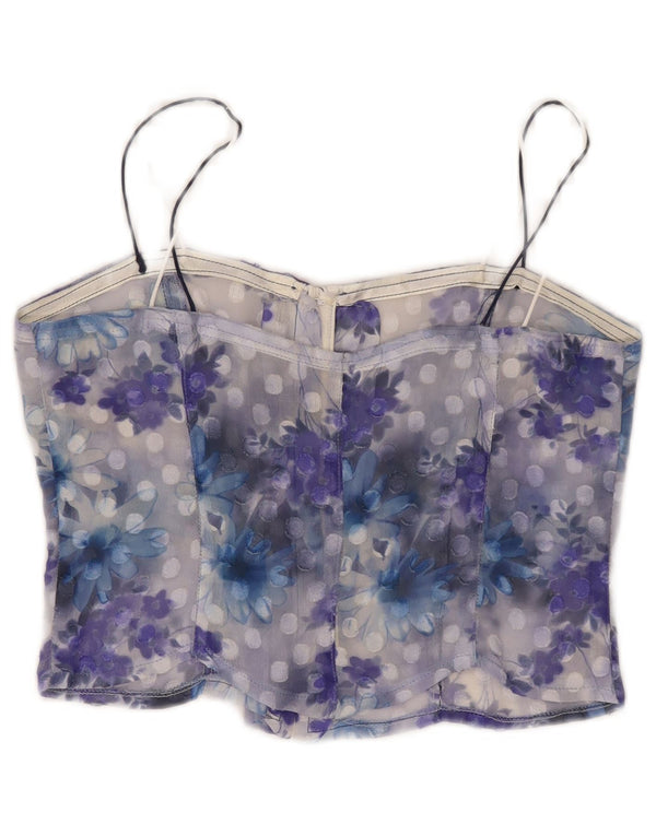 Vintage Womens See Through Corset Top UK 10 Small Blue Floral