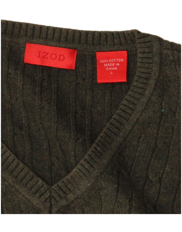 Izod Mens V-Neck Jumper Sweater Large Khaki Cotton