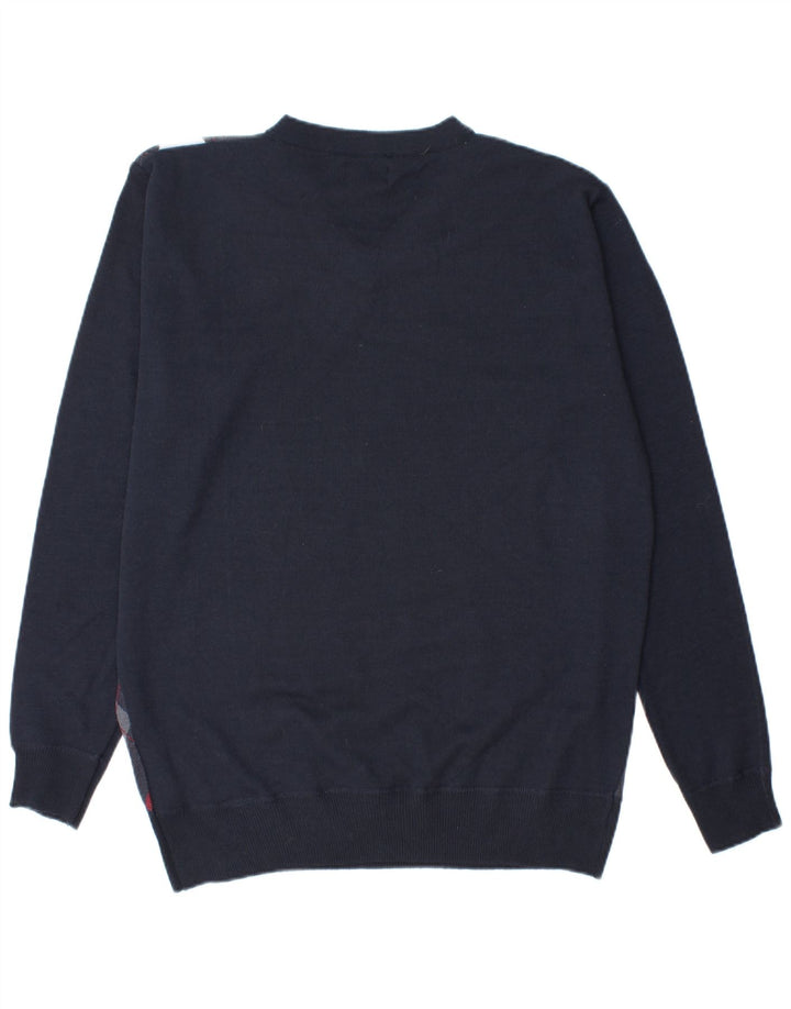 Pierre Cardin Mens V-Neck Jumper Sweater Large Navy Blue Argyle/Diamond