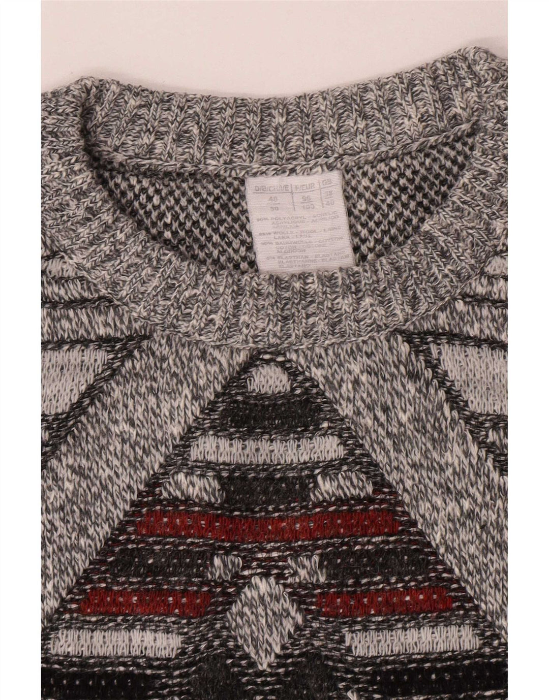 Vintage Mens Crew Neck Jumper Sweater UK 38/40 Medium Grey Geometric