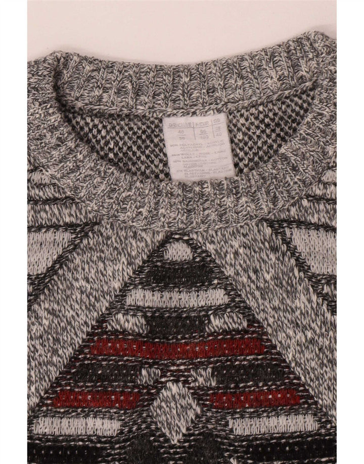 Vintage Mens Crew Neck Jumper Sweater UK 38/40 Medium Grey Geometric