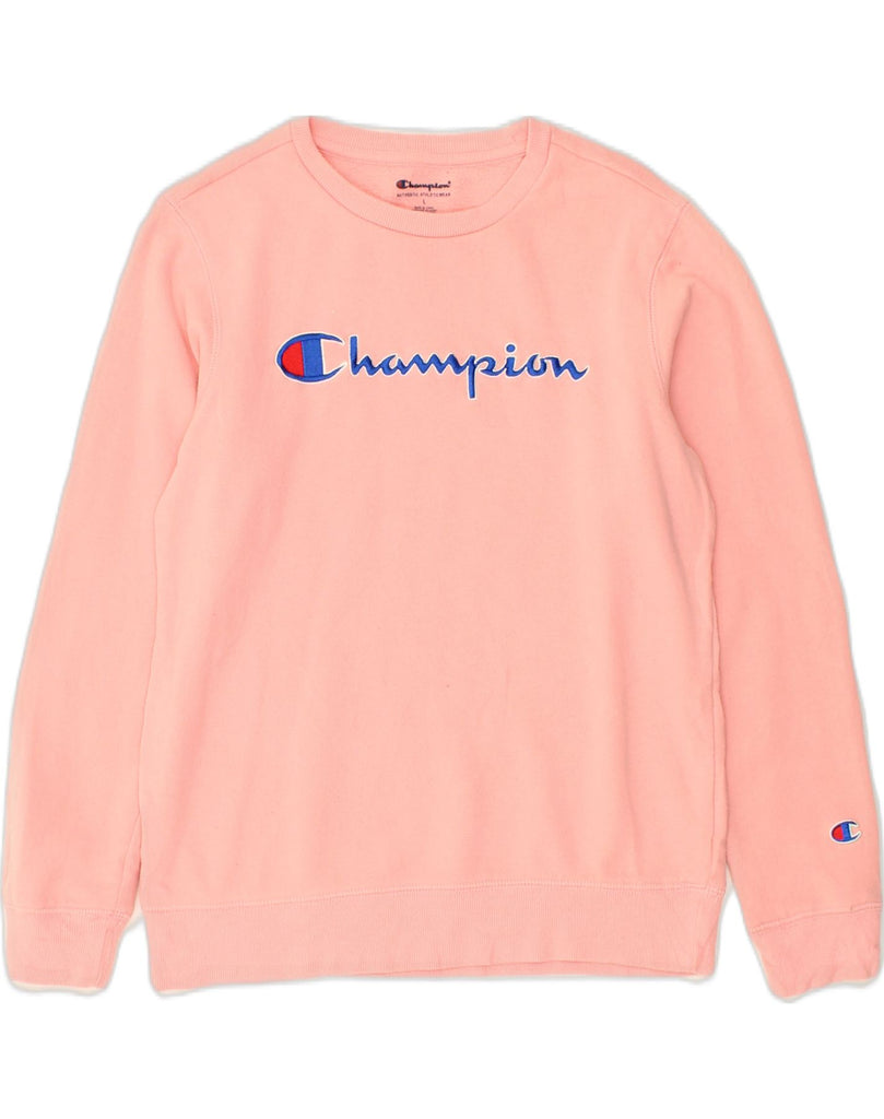 CHAMPION Girls Graphic Sweatshirt Jumper 13-14 Years Large Pink Cotton | Vintage Champion | Thrift | Second-Hand Champion | Used Clothing | Messina Hembry 