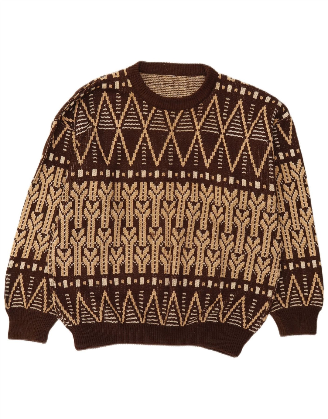 Vintage Mens Crew Neck Jumper Sweater Large Brown Fair Isle
