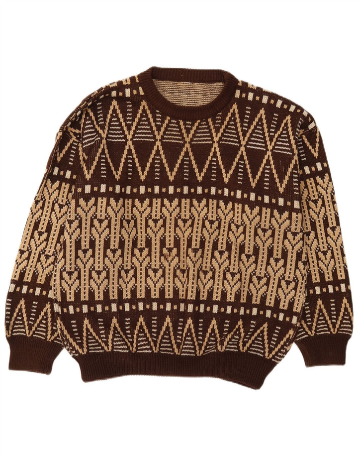 Vintage Mens Crew Neck Jumper Sweater Large Brown Fair Isle