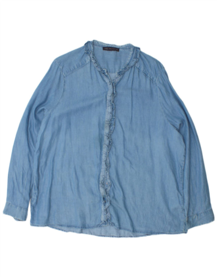 Marks & Spencer Womens Ruffle Front Shirt UK 20 2XL Blue Cotton
