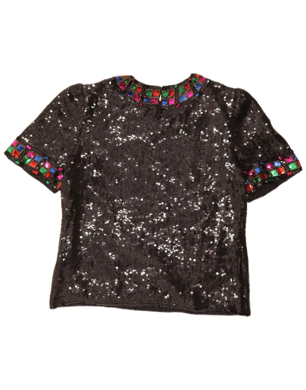 Vintage Womens Sequin Blouse Top UK 16 Large Black Silk