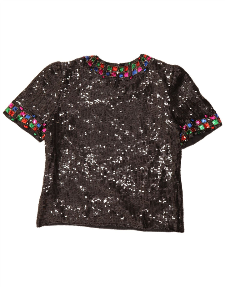 Vintage Womens Sequin Blouse Top UK 16 Large Black Silk