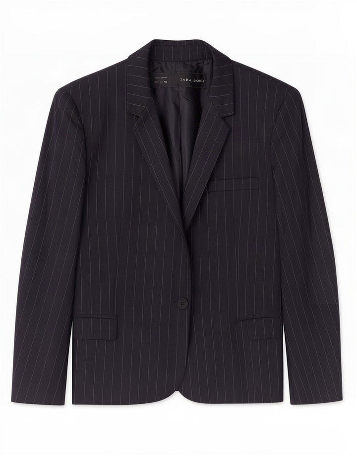 Zara Womens 1 Button Blazer Jacket UK 14 Large Navy Blue Pinstripe
