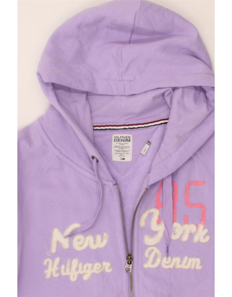 TOMMY HILFIGER Womens Graphic Zip Hoodie Sweater UK 14 Large Purple Cotton Vintage Tommy Hilfiger and Second-Hand Tommy Hilfiger from Messina Hembry 